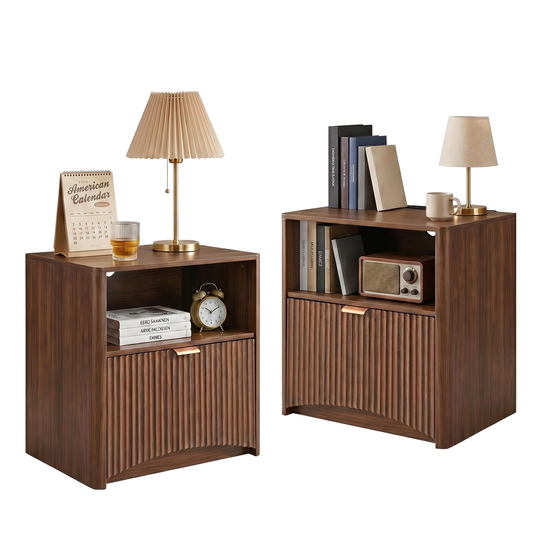 Nightstands Set of 2, Mid Century Modern Bedside Table with Charging Station, Fluted Nightstand with Drawer and Storage, Wood Large Night Stand for Bedroom, Sofa Side, Walnut  W3204P521923