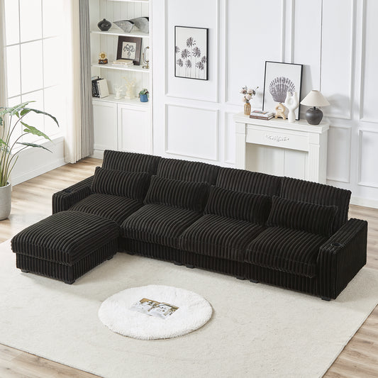 126-inch Corduroy With Cup Holder Super Large L-Shaped Sofa, Movable Footrest, Four Waist Pillows And Four Back Cushion, With USB Port And Type-C Port W834S00335