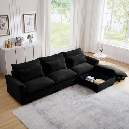 Corduroy Sectional Sofa,  L Shaped Couch with Storage Footstool and 3 Pillow, Sectional Couch for Living Room Apartment, Black W714S00850