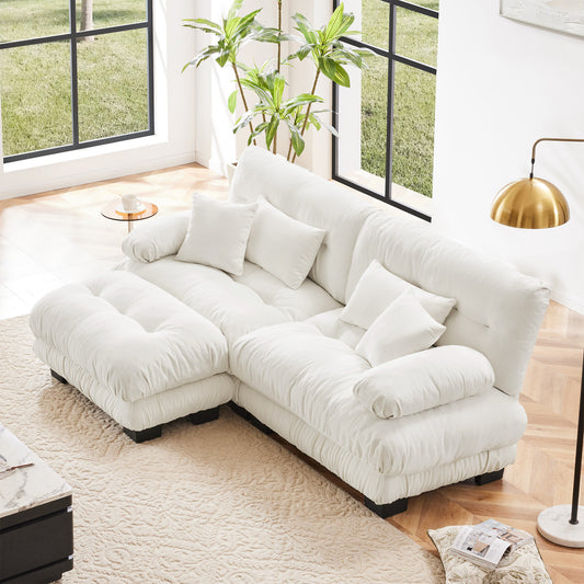 Cloud Couch Sectional Sofa for Living Room, Chenille 2 Seater Sofa with 2 Lumbar pillows and 2 throw pillows , Upholstered Wide Arm Sofa with Convertible Ottoman,Chenille White  W714S00999