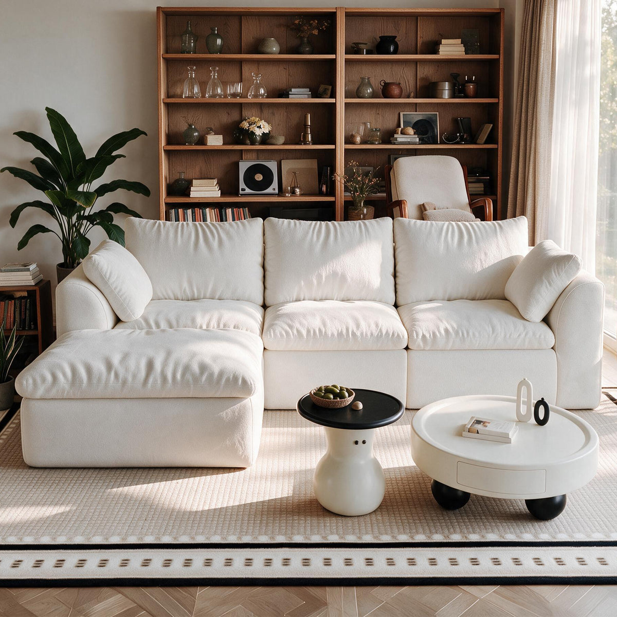 96.5' L‑Shaped 4‑Seat Modular Sectional Sofa with Single Chaise, Oversized Deep‑Seat Corner Couch, Vacuum Compressed Tool‑Free Assembly, Textured Woven Fabric Large Sofa for Living Room, White  W2824S00430