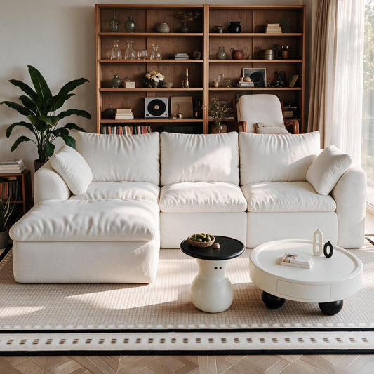 96.5' L‑Shaped 4‑Seat Modular Sectional Sofa with Single Chaise, Oversized Deep‑Seat Corner Couch, Vacuum Compressed Tool‑Free Assembly, Textured Woven Fabric Large Sofa for Living Room, White  W2824S00430