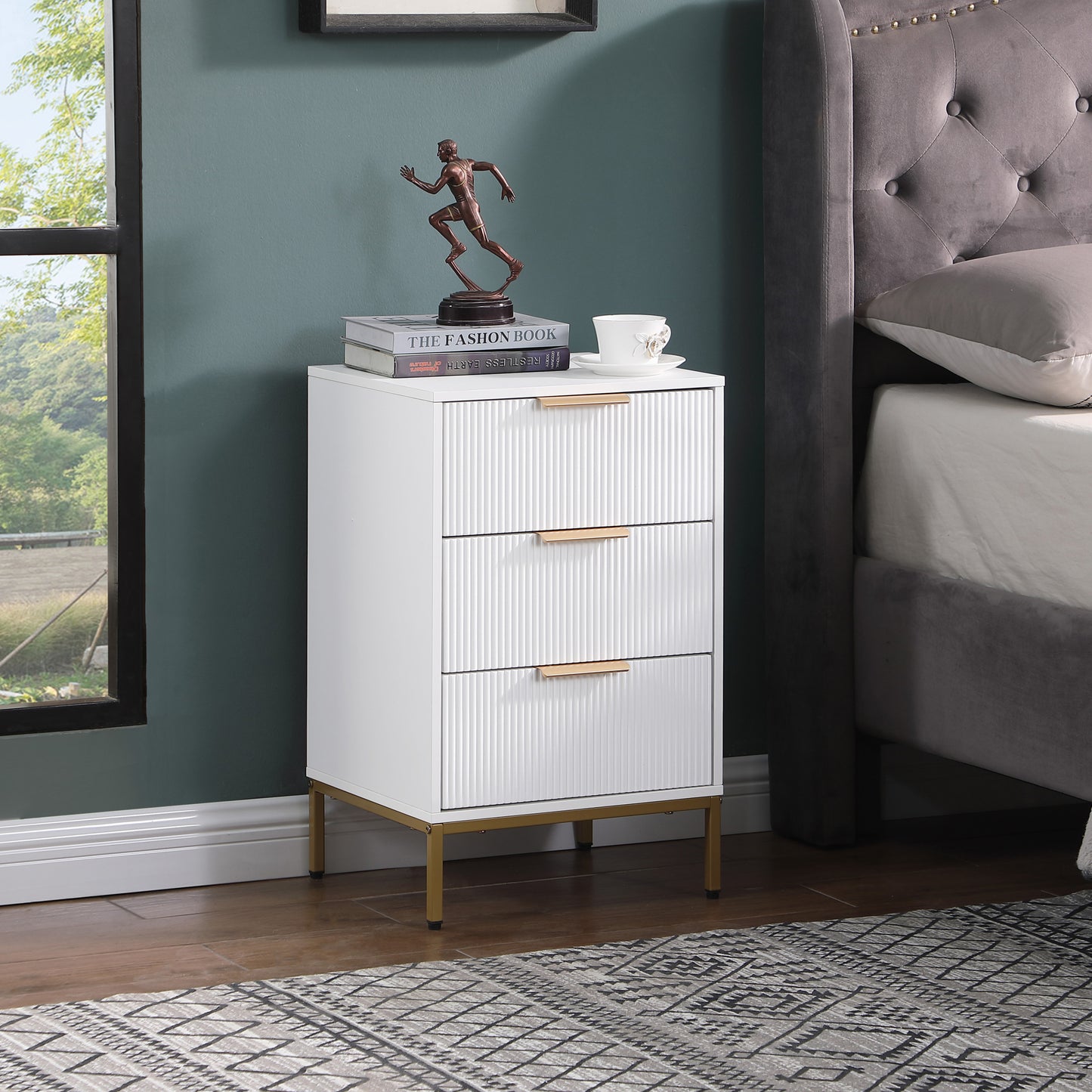 Nightstand with 3 Drawers,Mid-Century Modern End Table,Bedside Table, Gold Metal Legs,Gold Metal Handles,Wavy Drawer PanelsEnd Table for Bedroom White W3151P345786