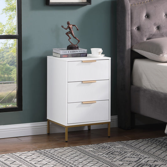 Nightstand with 3 Drawers,Mid-Century Modern End Table,Bedside Table, Gold Metal Legs,Gold Metal Handles,Wavy Drawer PanelsEnd Table for Bedroom White W3151P345786