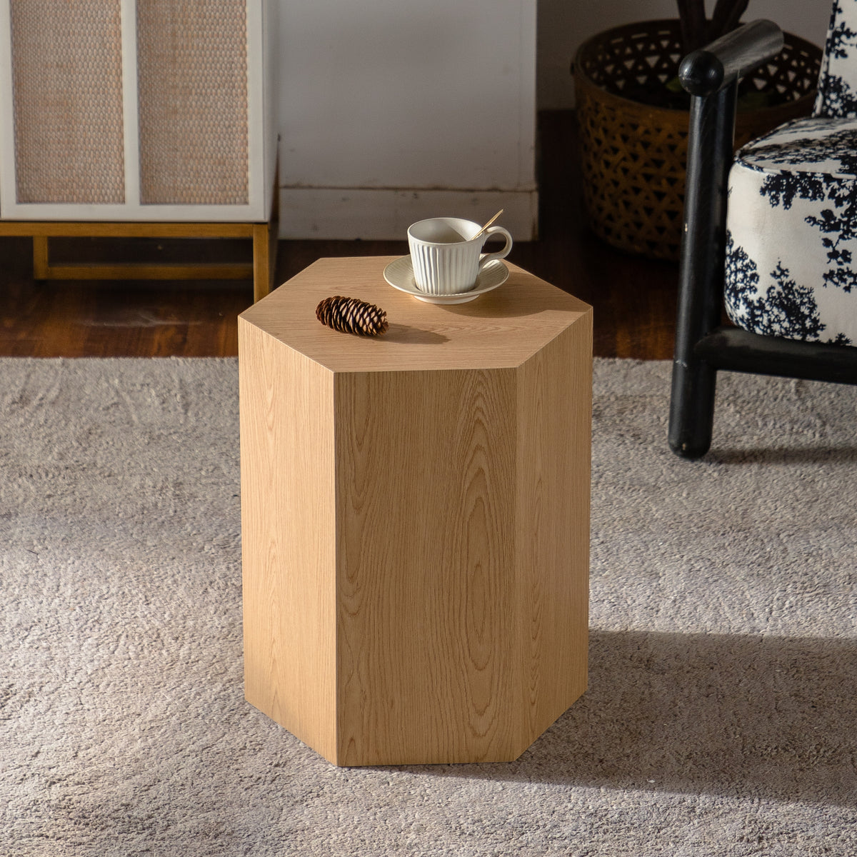 Hexagon MDF Coffee Table - Nature Wood Grain Sticker Side Table, Modern Fully Assembled End Table for Small Spaces (Living Room/Bedroom, 15.75'×13.58'×18.9')  W3158P395507