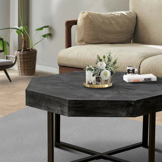 Wood Octagonal Vintage Patchwork Craft Farmhouse 30 Inch Wooden Table Top  Cross Metal Legs Coffee Table for Living Room(Antique Black)    W1445P193123