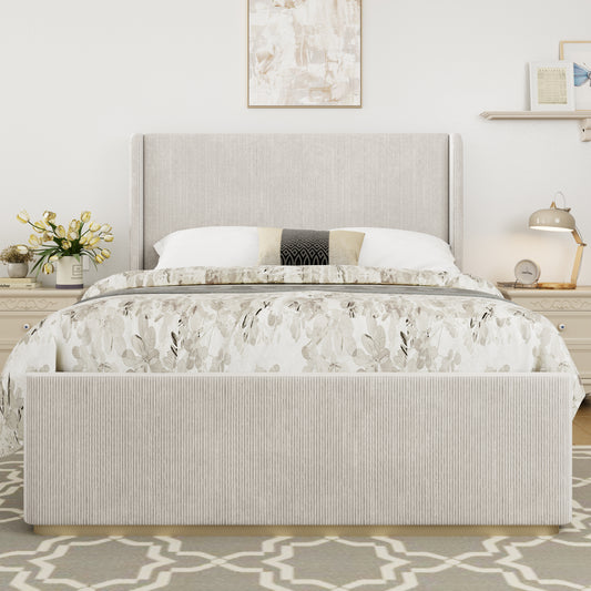 Queen Size Corduroy Upholstered Bed Frame with Vertical Stripe Wingback Headboard and High Footboard, Light Grey  N701P201393E