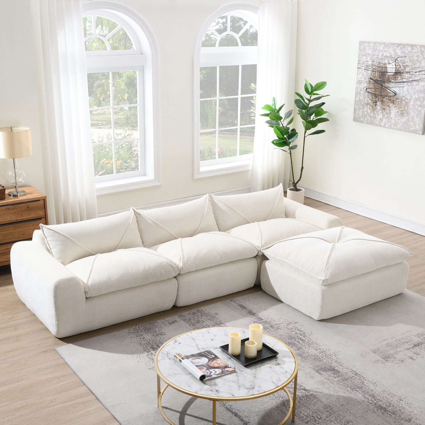 [VIDEO Provided] 116'' Fully Compressed Sofa with High Density Foam, No Assembly Required, Legless Design without Frame, Integrated Backrest and Seat Cushion, Free Combination, Particle Chenille N723S9707A