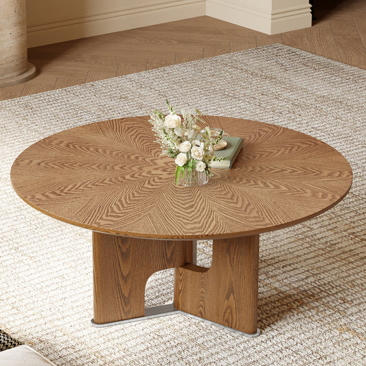 31.5 Inches Round Rustic Ash Wood Veneer Coffee Table for Small Living Room W3136P354198
