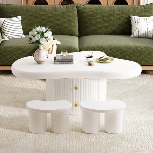 U-Can Cloud Coffee Table Set of 3, Irregular Shape Coffee Table with 2 Drawers, 2 Small Stools for Living Room  SJ000128AAK