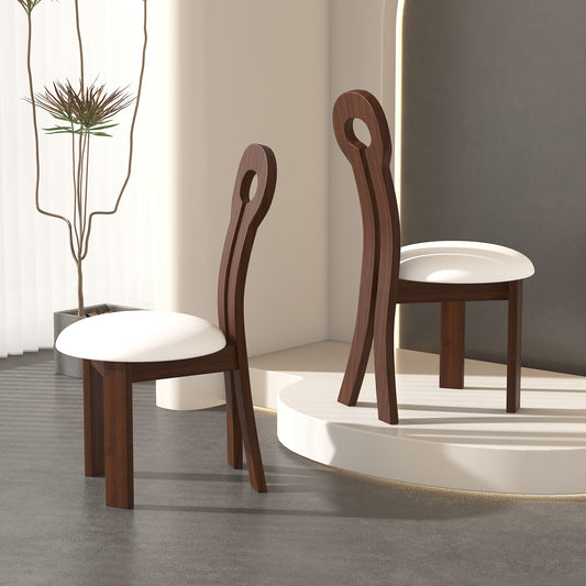 Dining Chairs Set of 2, Key-design Home Chairs, PU Leather Solid Wooden Dining Chairs with White Round Cushion for Kitchen Dining Room-Deep Walnut Brown  W2700P237226