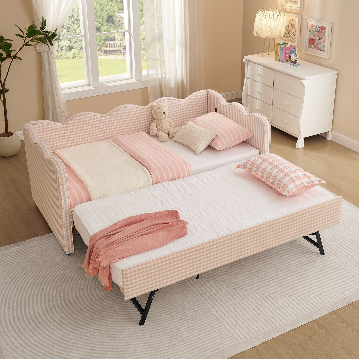 Cozy Gingham Daybed with Trundle Twin Size Sofa Bed No Box Spring Needed, with USB Port and Adorable Wave Shaped, Linen Fabric, Pink W1413S00099