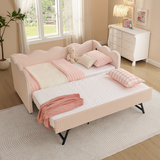 Cozy Gingham Daybed with Trundle Twin Size Sofa Bed No Box Spring Needed, with USB Port and Adorable Wave Shaped, Linen Fabric, Pink W1413S00099
