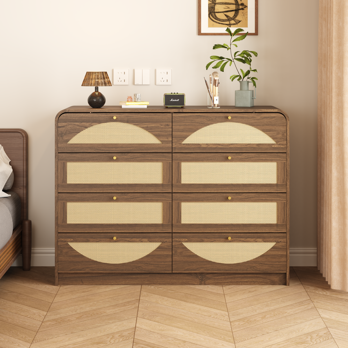 Walnut Finish 8‑Drawer Dresser with Rattan Front, Wide Particle Board Chest of Drawers, Modern Wooden Storage Cabinet for Bedroom Living Room  W409S00031