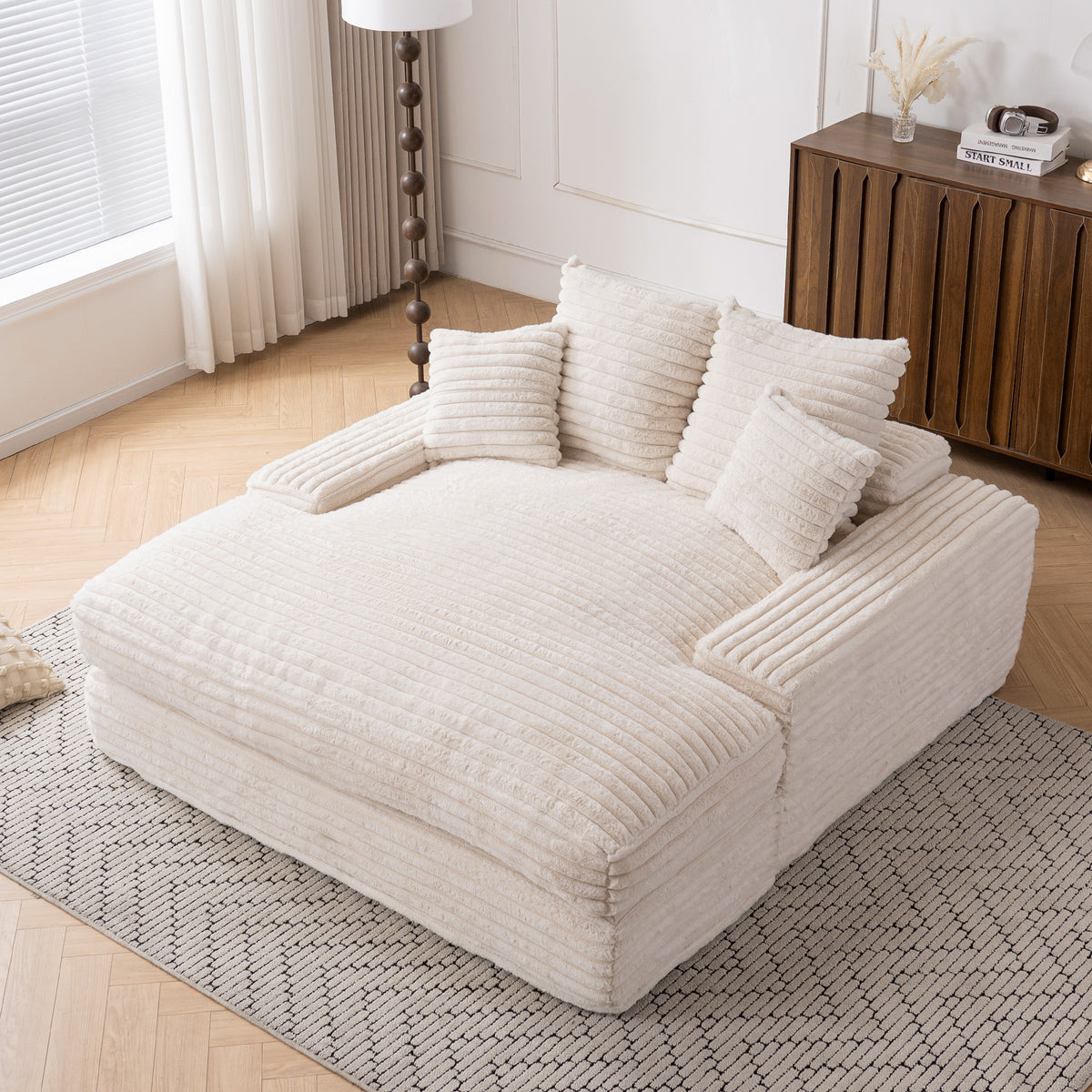 028DR-Oversized chaise Lounge chair, Upholstered Sleeper Sofa Bed with 4 Throw Pillows and Armrests, Corduroy Fabric Plush Lounge Chair Bed for Living Room, Apartment & Small Spaces, Beige  W527S00008