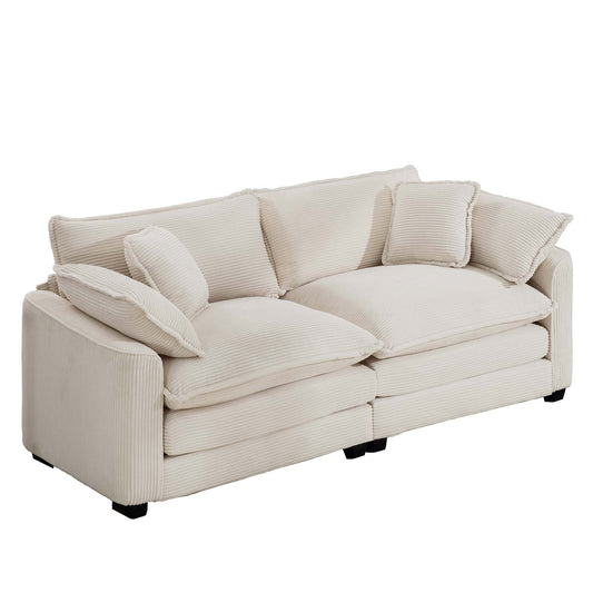 Modern Fabric Living Room Sofa 2 Seater with 4 Pillows, Upholstered Deep Seating Loveseat, Light Beige Corduroy  W714S00768