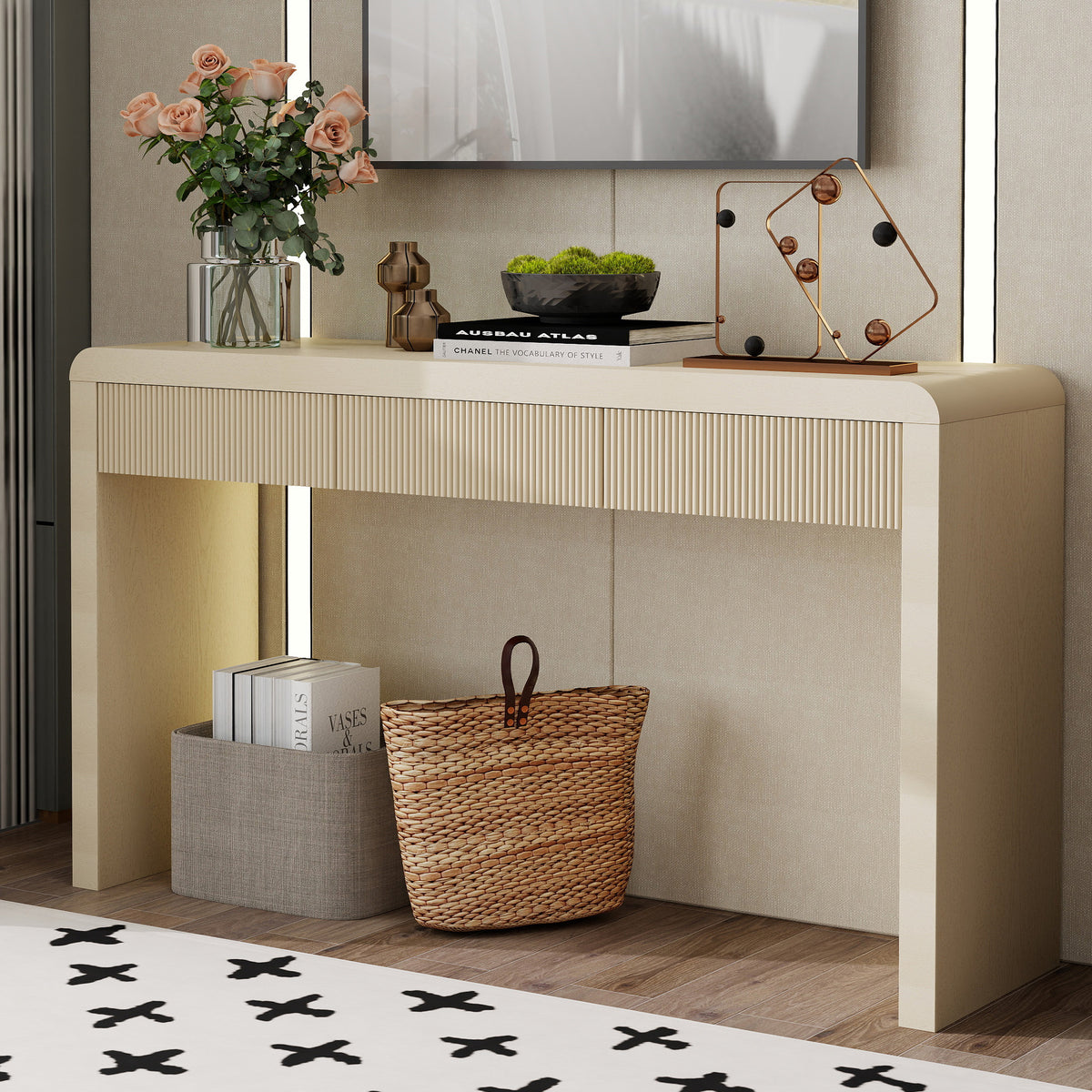 TREXM Rustic Console Table with 3 Fluted Drawers - Solid Wood Veneer Entryway Table Featuring Natural Wood Grain for Living Room, Hallway (Apricot)  N715P290573A