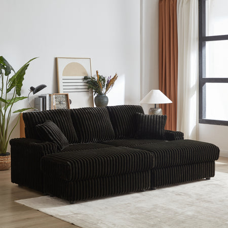 84Inch Corduroy 3-seater sofa With 3 back pillows ,2 toss pillows , 2 ottoman ,2storage spaces and cup-holding grooves Comfy Sofa- Deep Seat Couch for Living Room W834S00356