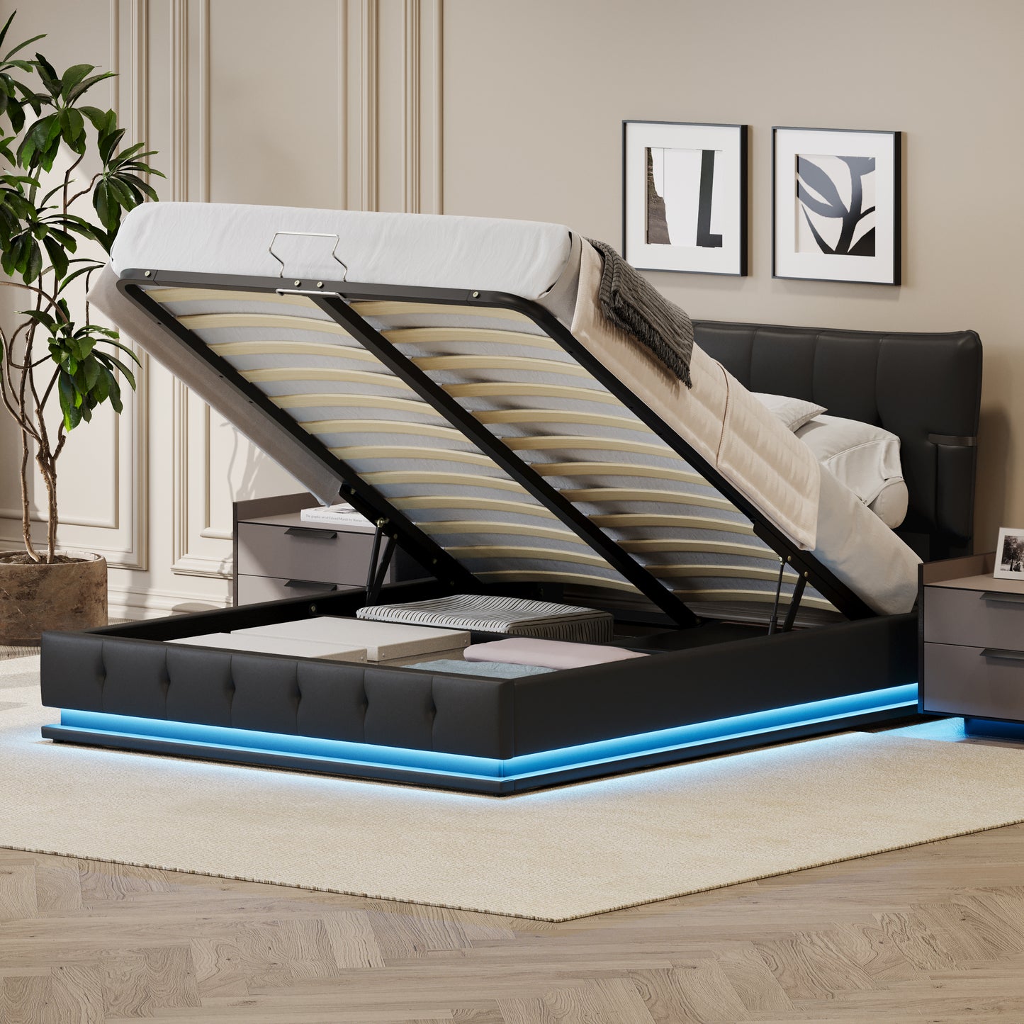 Upholstered Platform Queen Size Hydraulic Storage Bed, Lift Up Storage Bed with RGB LED Light, PU Leather Headboard and Footboard, No Box Spring Needed, Black  BS701P170747B