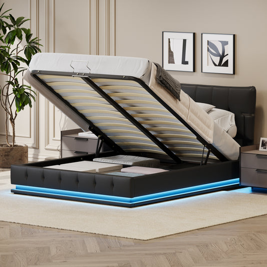 Upholstered Platform Queen Size Hydraulic Storage Bed, Lift Up Storage Bed with RGB LED Light, PU Leather Headboard and Footboard, No Box Spring Needed, Black  BS701P170747B
