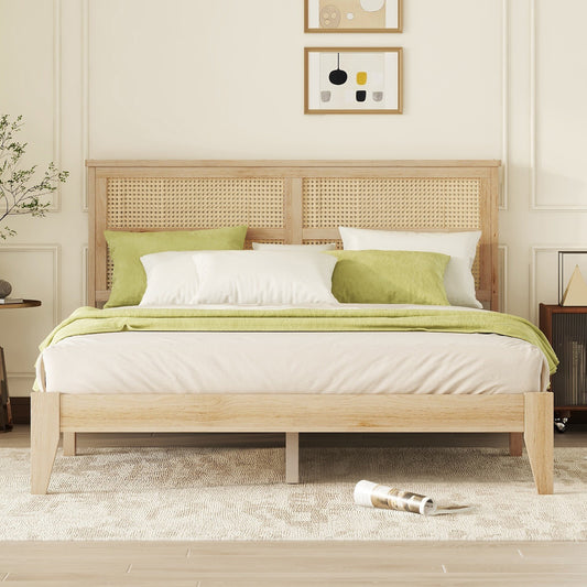 Queen Size Rubber Wooden, Solid Wooden Bed with Rattan Headboard, Enhanced by Support Feet,Oak White  W504P184305