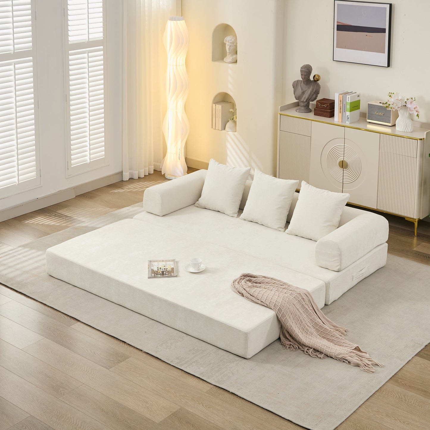 Comfy Convertible Folding Mattress Couch, Floor Sofa Bed, Chenille Floor Sofa with Armrest, Floor Sofa Lounge Couch for Living Room Bedroom Lounge Studio-Beige  W1143P330248