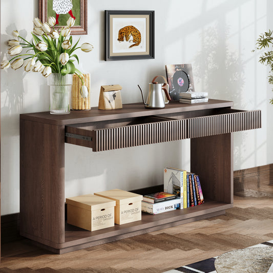 60' Modern 2-Drawer Fluted Console Table Natural Wood Veneer Sofa Table Behind Couch Table for Living Room, Hallway, Entryway, Home Office, Walnut  W1435P337641
