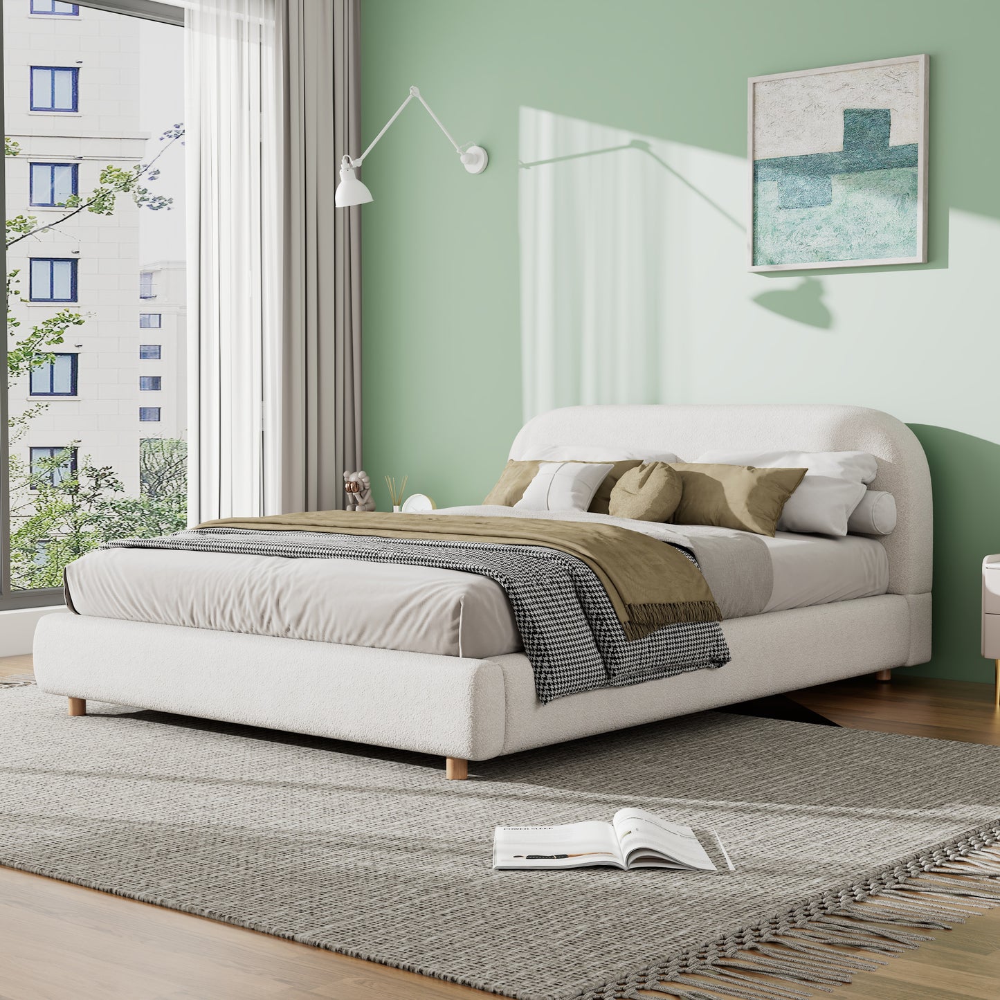 Queen Size Upholstered Bed With Boucle Fabric,Curved-Shape Design Thick Headboard, Solid Wood Legs,White N757Q210312W-1