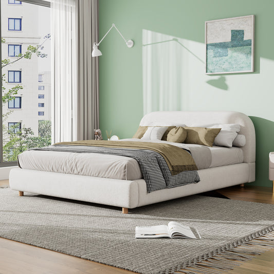 Queen Size Upholstered Bed With Boucle Fabric,Curved-Shape Design Thick Headboard, Solid Wood Legs,White N757Q210312W-1