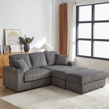 84Inch Corduroy 3-seater sofa With 3 back pillows ,2 toss pillows , 2 ottoman ,2storage spaces and cup-holding grooves Comfy Sofa- Deep Seat Couch for Living Room W834S00358