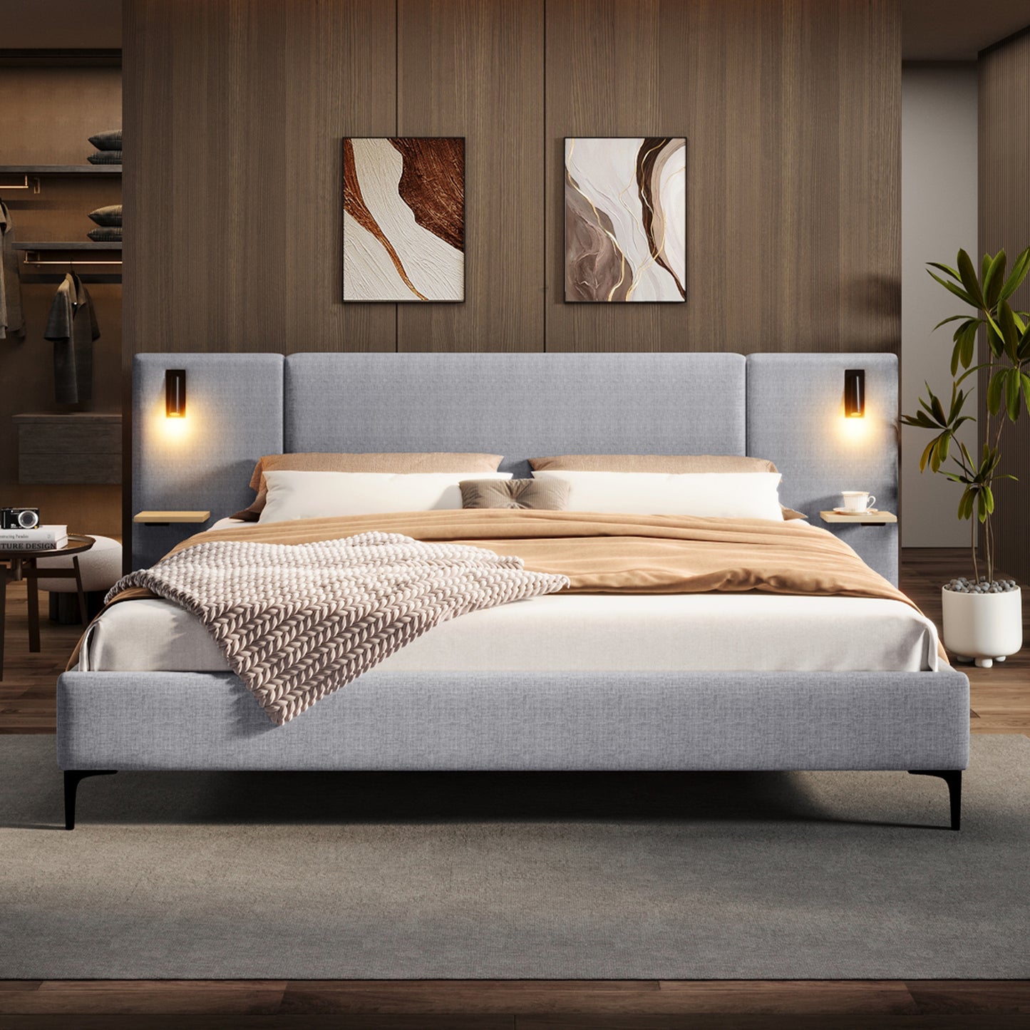 Chic Linen Upholstered Bed with Integrated Lights and Shelves, Grey, King  N769P264788K
