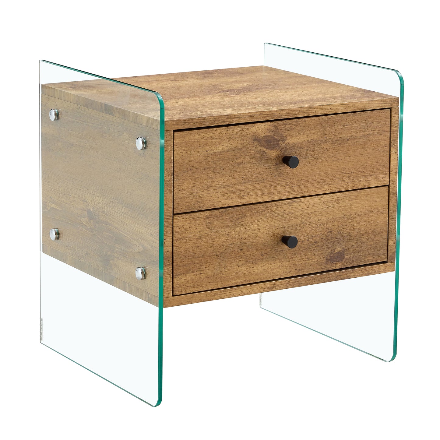Double-drawer bedside table. The board surface is MDF sticker, and both sides are transparent tempered glass. The design is simple and elegant, with excellent storage functions. W1151P191737