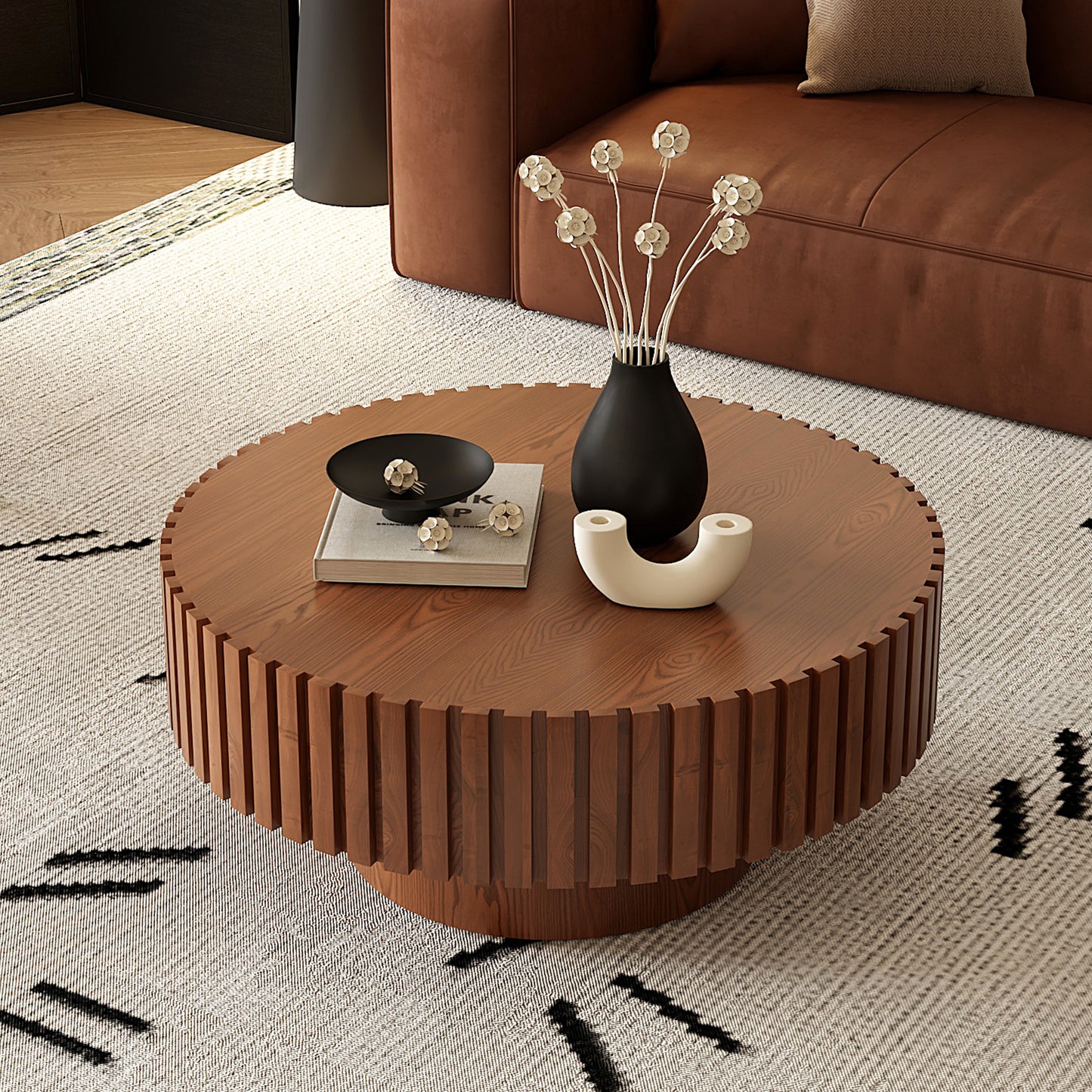 Round Coffee Table Handcrafted Relief Sturdy Pedestal Wooden Olive-Shaped Tea Table for Living Room W3081P255076