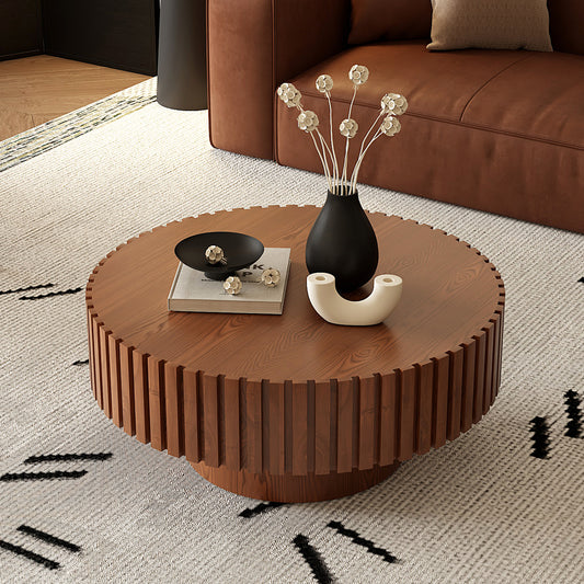 Round Coffee Table Handcrafted Relief Sturdy Pedestal Wooden Olive-Shaped Tea Table for Living Room W3081P255076