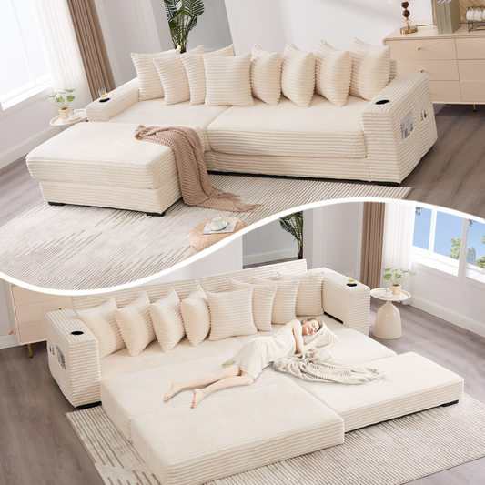 [NEW ARRIVED] [VIDEO PROVIDED]   110.75' Modular L Shaped Sofa, Corduroy Fabric Sectional Couch,With a movable footstool, Cup Holders,Bring 8 throw pillows,Side Pocket,Unfold into a Bed,Beige W2108S00132