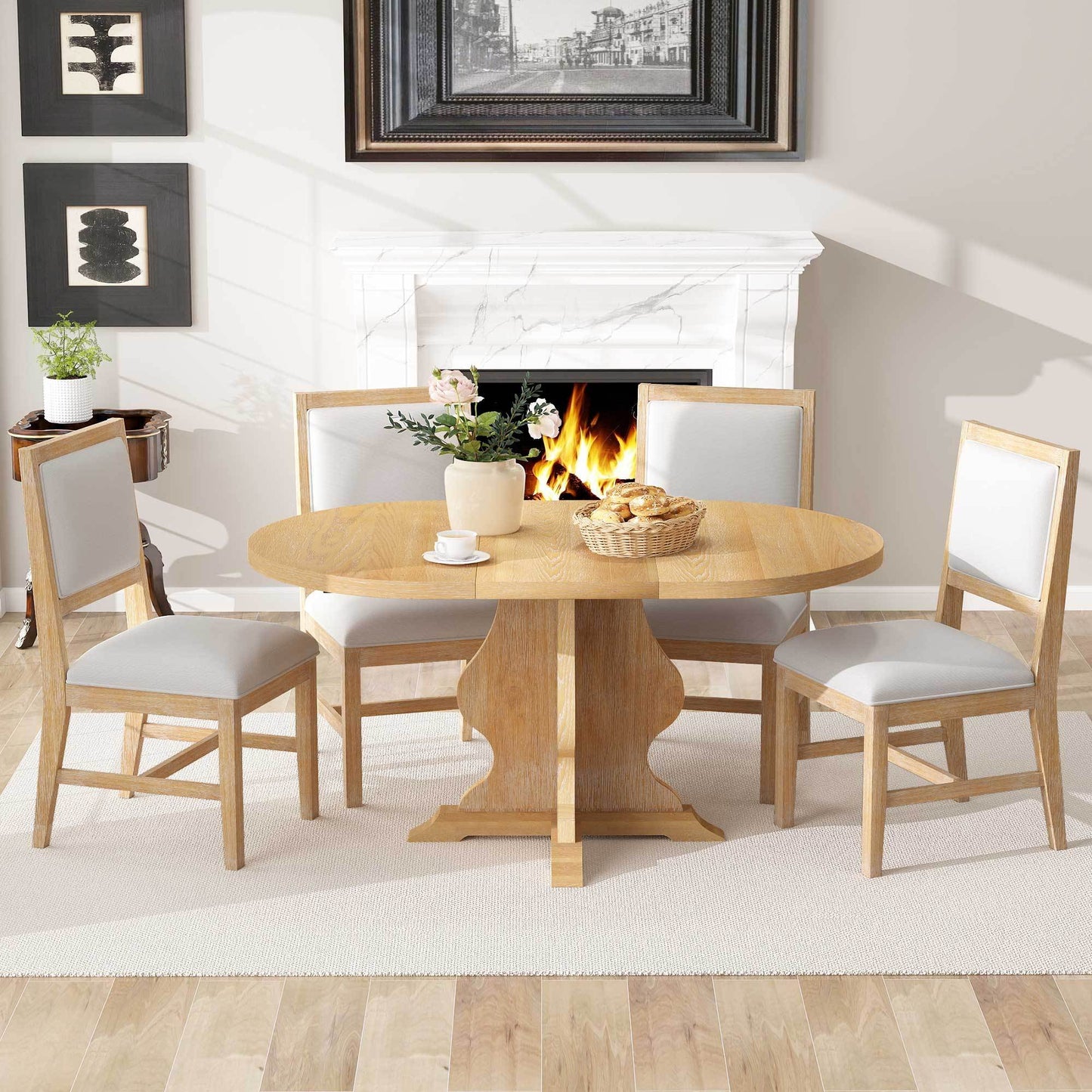 TREXM Farmhouse 5-Piece Dining Table Set with 4 Upholstered Chairs, Wood Extendable Dining Table with 15.7' Leaf for Extra Seating for Dining Room, Kitchen and Living Room (Natural Wood Wash)  ST000150AAD