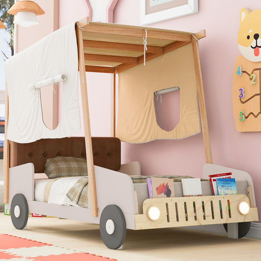 Wood Twin Size Car Bed with Pillow, Ceiling Cloth and LED, Natural  WF309288AAM