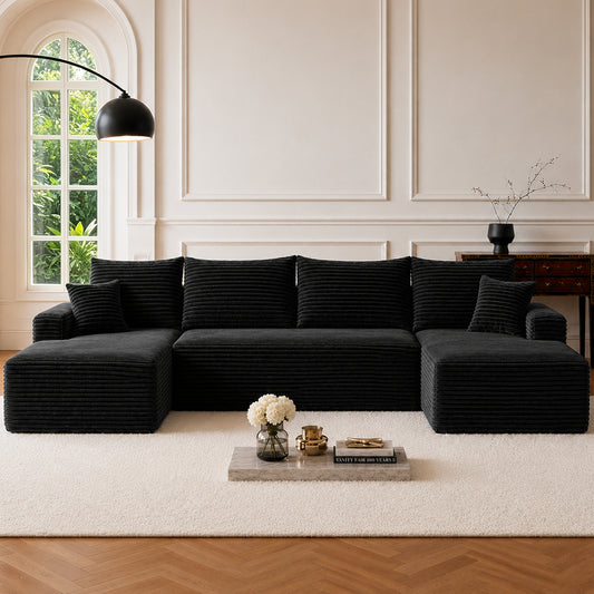 134' Cloud Sectional Sofa with U-Shape Chaise and Side Pockets , Modern Modular Design, Deep Seating, Upholstered Couch for Living Room/Bedroom, No Assembly Required (Plush)Black,NO Cup holder  W3975S00172