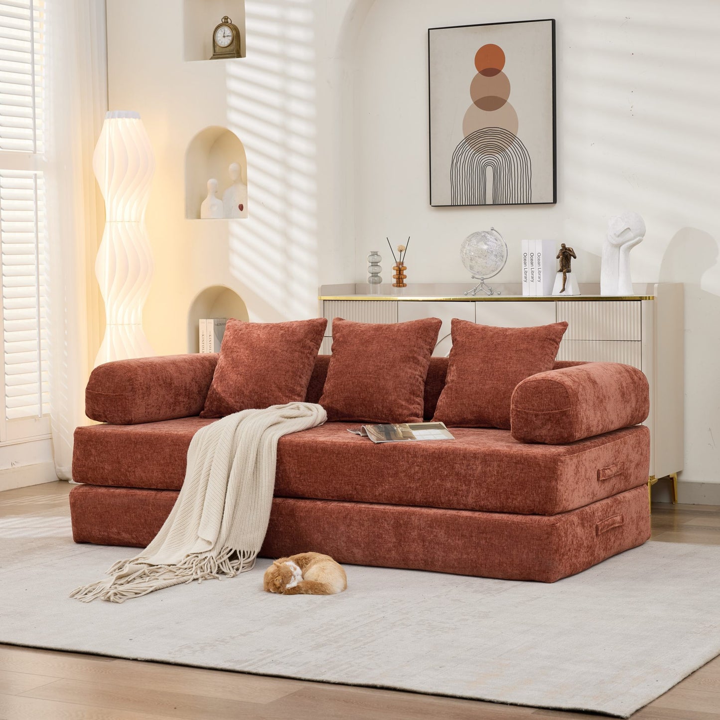 Comfy Convertible Folding Mattress Couch, Floor Sofa Bed, Chenille Floor Sofa with Armrest, Floor Sofa Lounge Couch for Living Room Bedroom Lounge Studio-Orange  W1143P364841