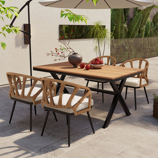 U_Style Contemporary Outdoor Set with PE Rattan Chairs and Plastic Wood Table,Suitable for Gardens and Lawns WY000438AAO