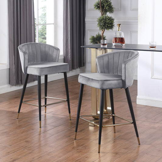 Contemporary Velvet Upholstered Counter Height Stool with Deep Channel Tufting and Gold Tipped, Black Metal Legs, 20' W x 21' D x 36.5' H, Gray W156769751