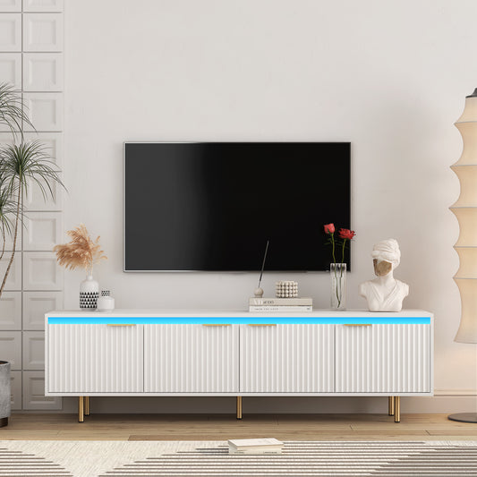Mid Century Modern LED TV Stand for 80 Inch TV, Entertainment Center Wood TV Stand, Fluted Trim TV Stand with 4 Doors  W1321P179628