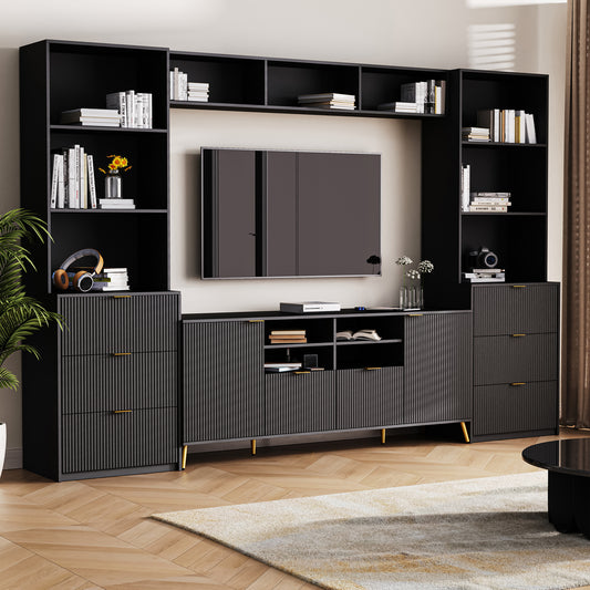 U-Can 4-Piece Entertainment Wall Unit with 13 shelves,8 Drawers and 2 Cabinets, Multifunctional TV Stand Media Storage Cabinet with Fluted Line Surface for Living Room, for TVs Up to 70'  SJ000116AAB