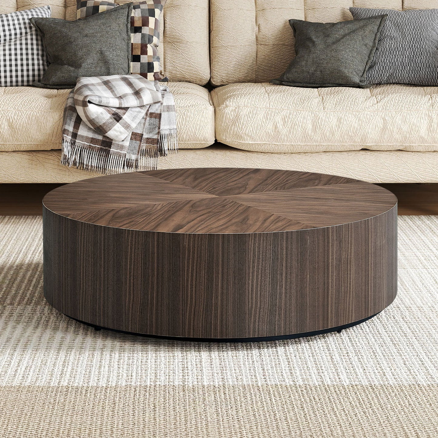 35.43 Inch Modern Round Coffee Table MDF Coffee Table for Living Room,Drum Center Table for Apartment,No Need Assembly,Walnut W2582P188320