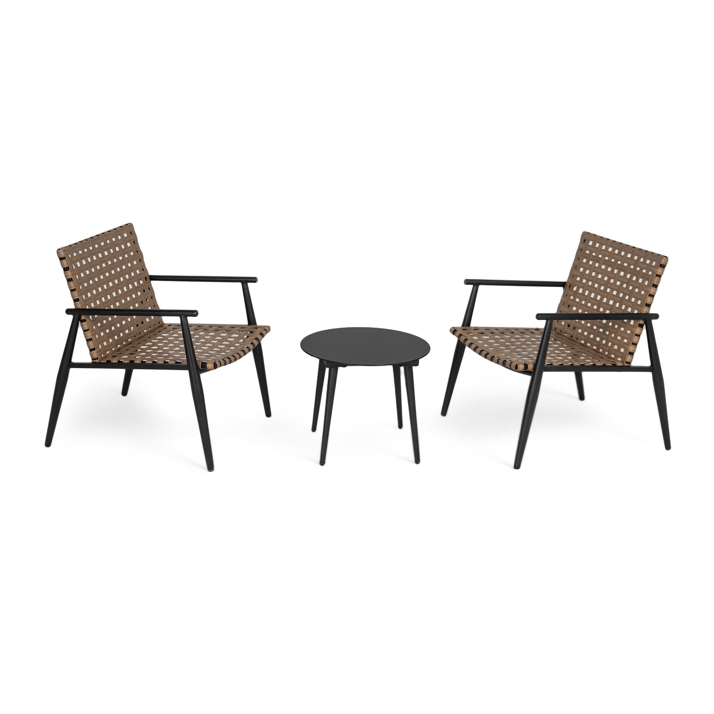 Modern Outdoor Chat Set: 2 PE Rattan Chairs + Black Steel & Tempered Glass Side Table – Durable & Stylish in Black+Brown  N769P248124B