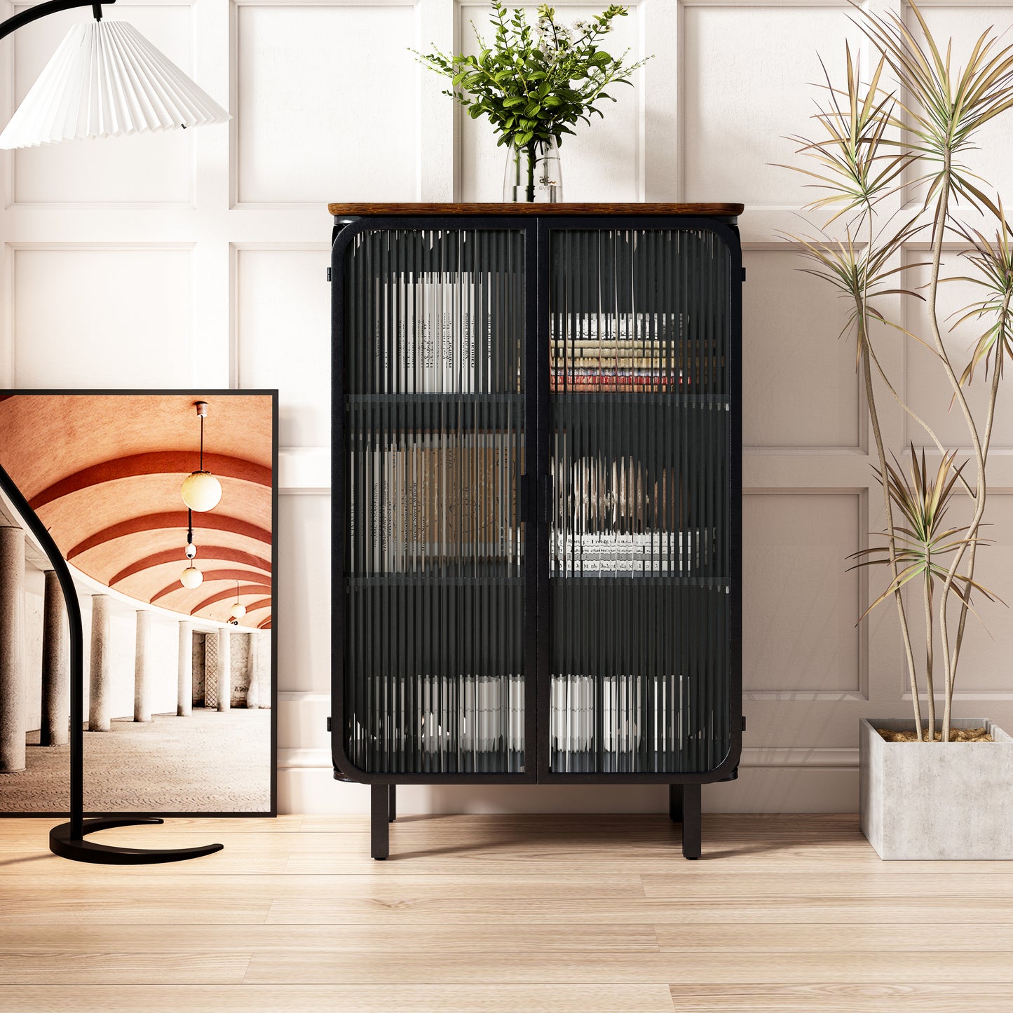 28.35'Glass Doors Modern Two-door Cabinet with Featuring Three-tier Storage,Unique Fir Cabinet Top,for Entryway,Living Room,Home Office,Dining Room  W757105114