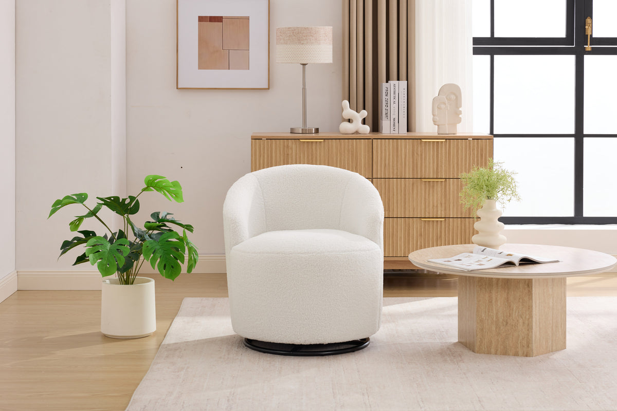 012C-Teddy Fabric Small Swivel Accent Chair, Comfy Barrel Leisure Armchair with Curved Backrest, Upholstered Reading Chair with Black Round Base, Ivory   W527P547698