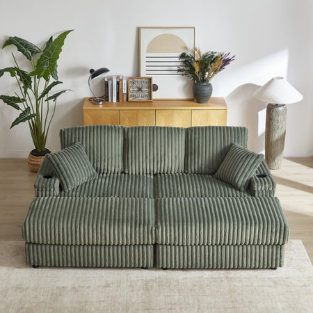 84Inch Corduroy 3-seater sofa With 3 back pillows ,2 toss pillows , 2 ottoman ,2storage spaces and cup-holding grooves Comfy Sofa- Deep Seat Couch for Living Room W834S00355