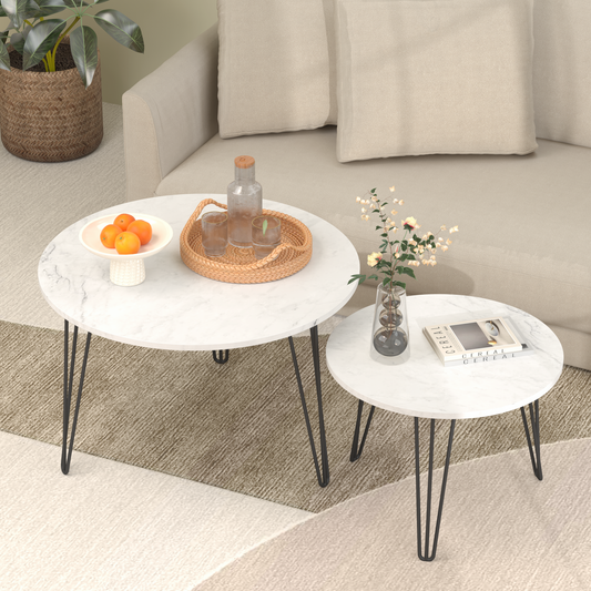 27.56'' Round Nesting Coffee Table Set of 2,  Circular Nesting End Table Set, Round Marble Tabletop, and Sturdy Metal Base for Living Room, bedroom, White  W808P176737