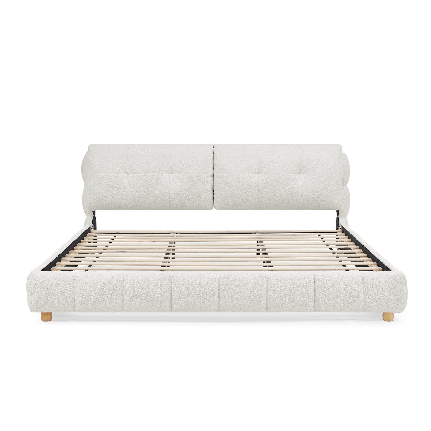 King Cream Style Bouclé Fabric Platform Bed with Solid Wood Legs, No Box Spring Needed, Beige Upholstered Frame  W1413S00184